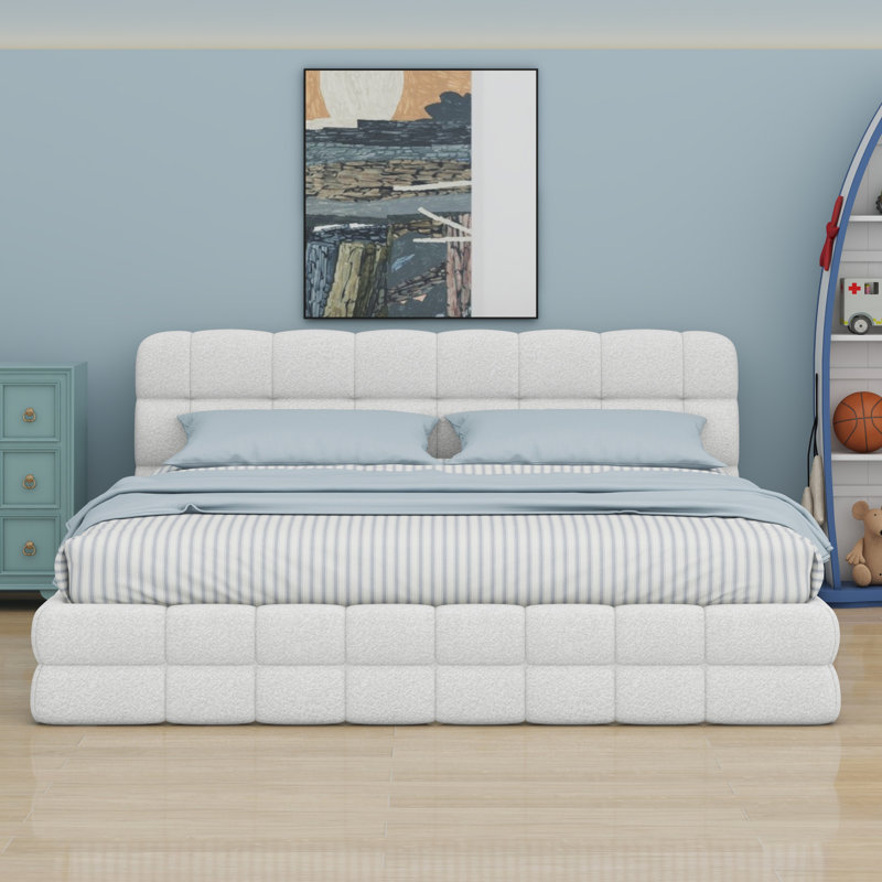 Lit plateforme en tissu d'ameublement, blanc