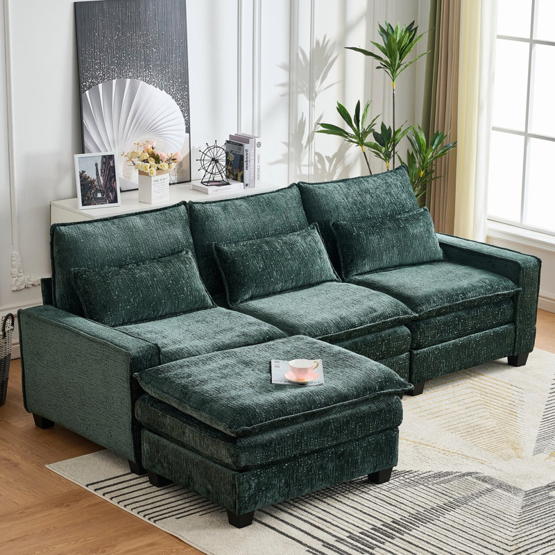 Canapé modulaire en L 99 po en chenille de 99 po avec revêtement lombaire amovible, assise et revêtement en chenille confortable et moderne, structure en bois massif, support