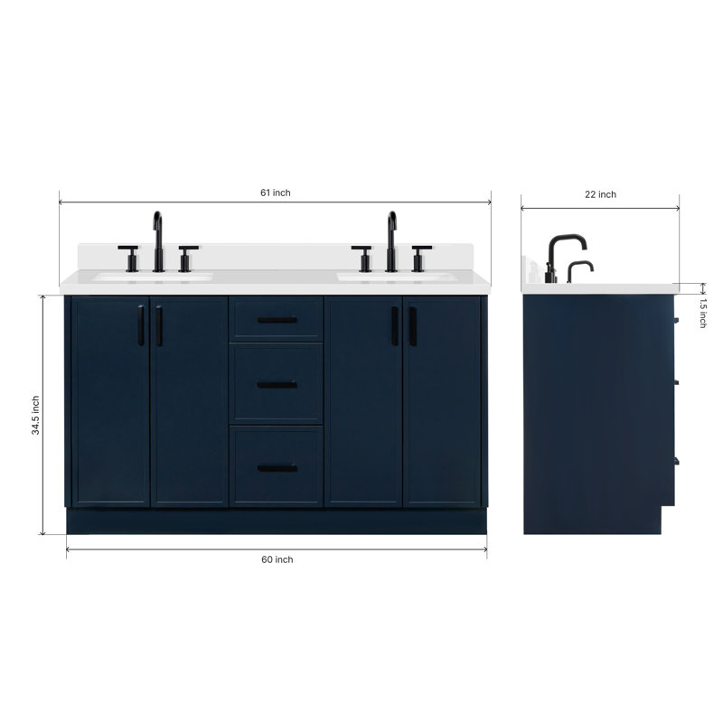 Meuble-lavabo double rectangulaire 61 po avec comptoir en quartz pur Ariel Kelly, Bleu minuit