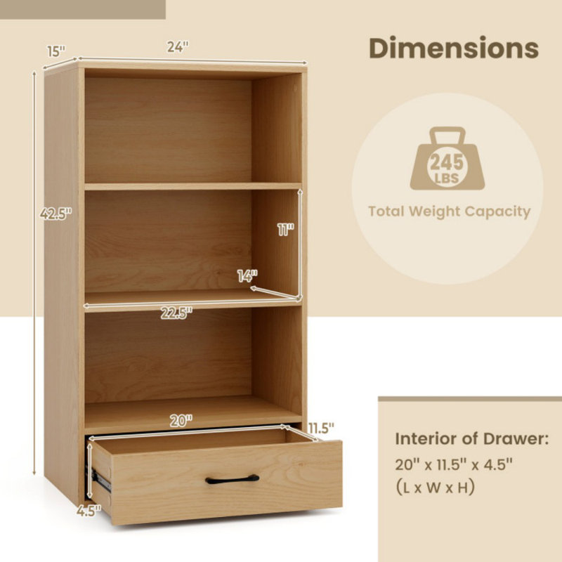 Bibliothèque à 4 niveaux avec tiroir à tablettes ouvertes et dispositif anti-basculement, Naturel