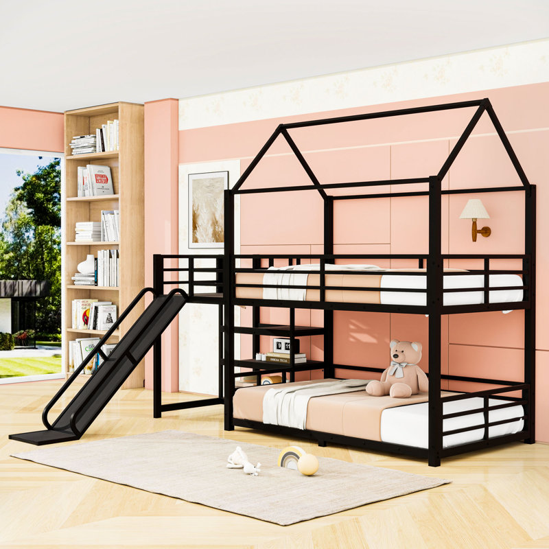 Lit superposé en métal avec glissière et escalier de rangement, Simple sur simple