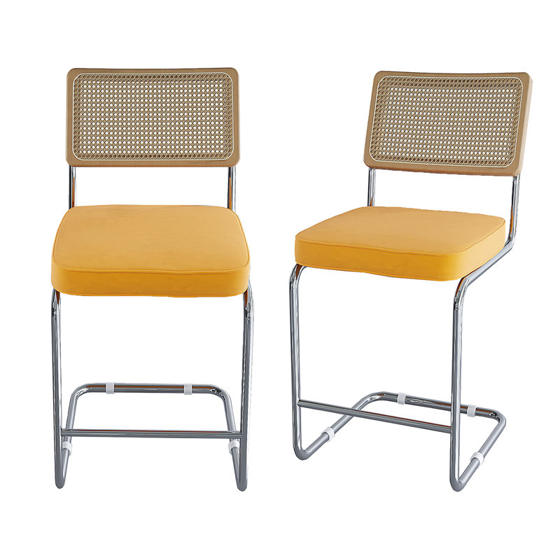 Julius Elegant Faux Leather Counter Stool with Breathable Rattan Back, Set of 2 for Home and Commercial Use, Yellow