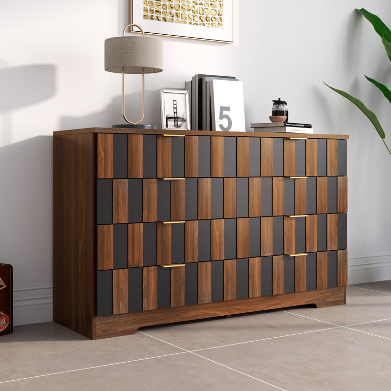 Commode 8 tiroirs pour la chambre à coucher, commode de 47 po de largeur avec tiroirs profonds et conception anti-basculement, commode moderne, meuble télé de rangement Mid-Century pour placard, salon, couloir, noyer