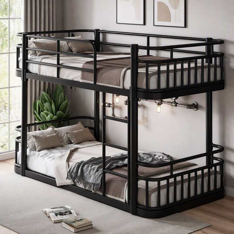 Lit superposé simple au-dessus de simple TG avec échelles et garde-corps, structure en métal à tuyaux ronds améliorée, élégant et polyvalent pour toutes les pièces, adolescents et adultes, noir