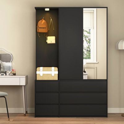 Garde-robe H 70,8 po, garde-robe de chambre en bois avec 3 portes et 2 tiroirs, armoire de rangement pour vêtements moderne avec tablettes de rangement et rail de suspension, noir