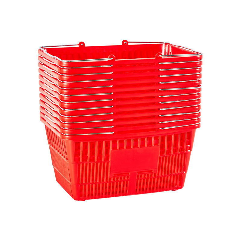 12-Pack Stackable Red Shopping Baskets - 21L Heavy Duty Plastic Grocery Totes with Metal Handles for Retail, Supermarket & Home Storage