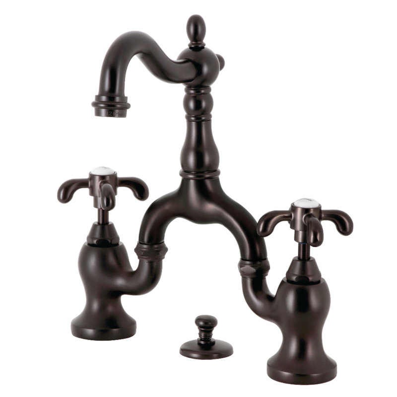 Kingston Brass French Country Two-Handle 3-Hole Deck Mount Bridge Bathroom Faucet with Brass Pop-Up, Oil Rubbed Bronze