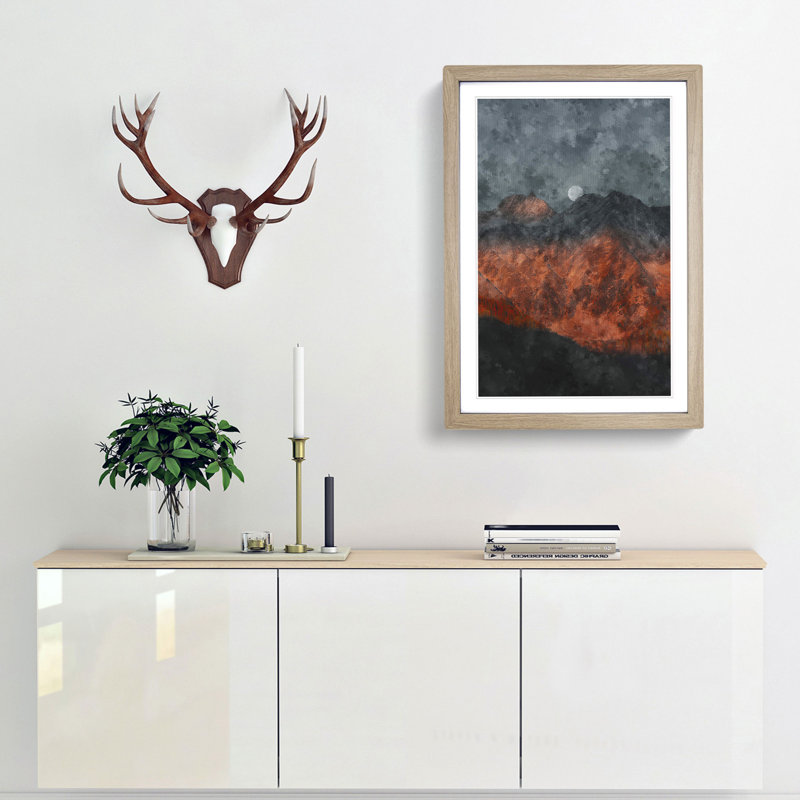 Moon over the Red Mountains in Italy - Picture Frame Painting Print, 87cm H x 62cm W x 2cm D, Oak Framed