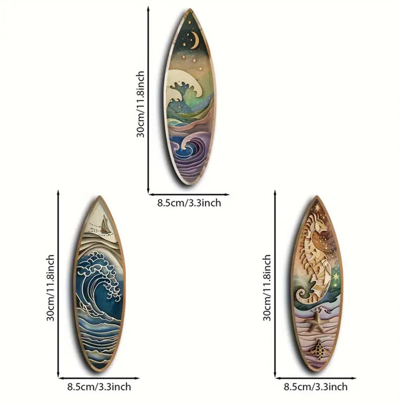 Set of 3 Wood Flat Printed Themed Surf Boards