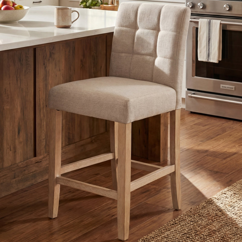 Modern Bar Stools for Kitchen Counter, Light Beige Fabric Seat with Natural Wood Legs, Comfortable Counter Height Stool