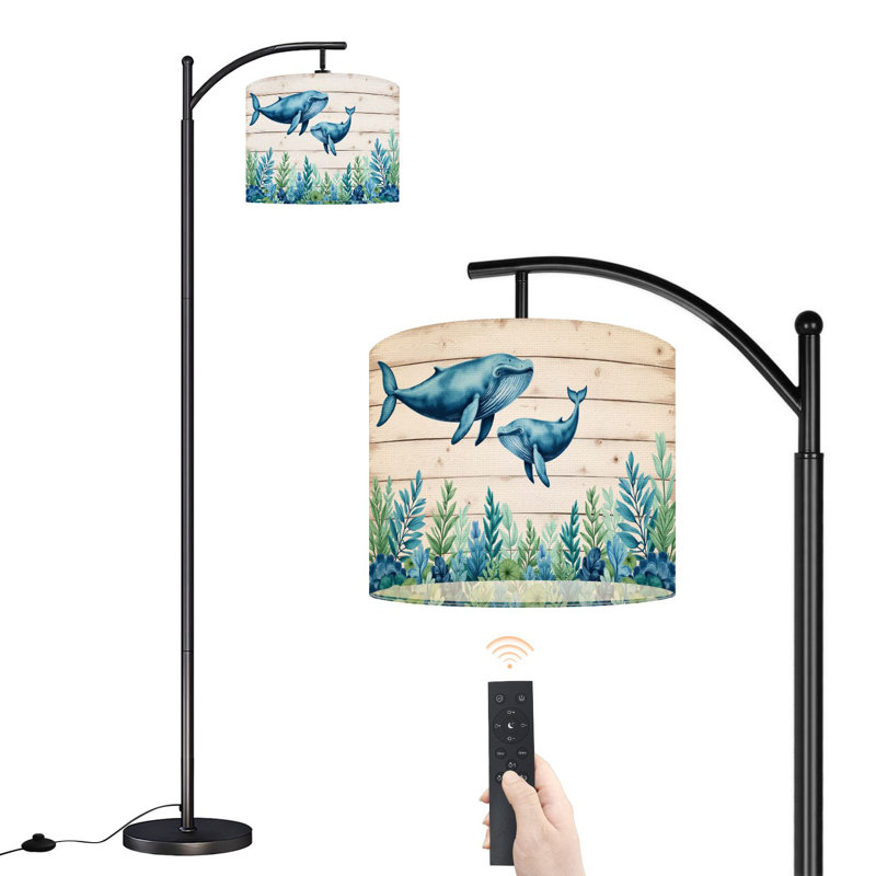 Arc Floor Lamp with Adjustable Lampshade vintage Blue Whale Ocean Underwater Wood Standing Lamp 3 Color Temperatures Dimmable Tall Pole Lamp with Foot Switch for Bedroom