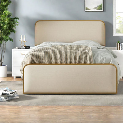 Lit moderne en métal beige avec rangement, tête de lit courbée, grand