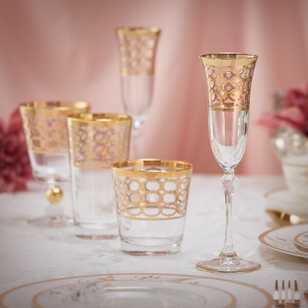 Lorren Home Trends Deep Red Colored Champagne Flutes with Gold Rings, Set of 4