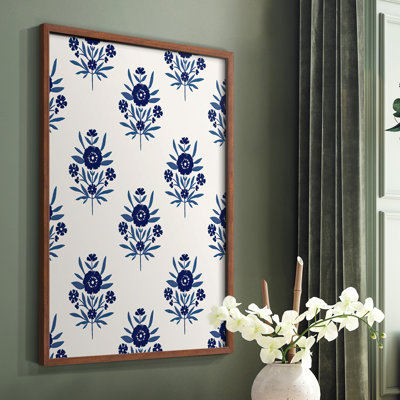 Motif de fleurs indigo II, impression encadrée - bois massif