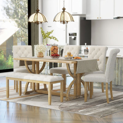 Ensemble de table de salle à manger 6 pièces, 6 pieds, 4 chaises rembourrées et 1 banc pour la salle à manger et la cuisine