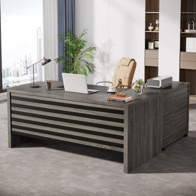 L-shaped Executive Office Desk With Mobile File Cabinet, Large Computer Desk For Home Office