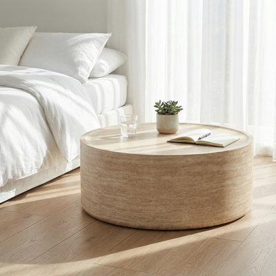 Modern Round Coffee Table with Geometric Pattern for Living Room, Drum Shape Accent Table with Marble Texture Top, Ready-to-Use Design