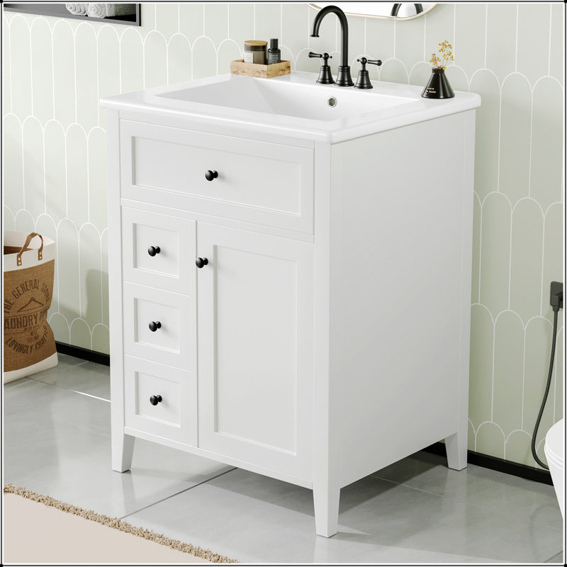 Meuble-lavabo fonctionnel avec lavabo, tiroirs multiples et armoire, construction durable pour le rangement de salle de bain moderne