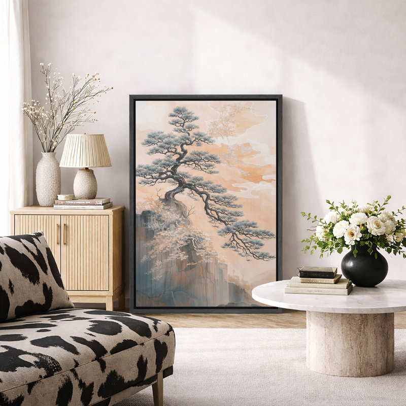 Œuvre de paysage de pin japonais, photos de salon, impression sur toile encadrée, H 24 po x l 16 po x P 1,5 po, Cadre noir