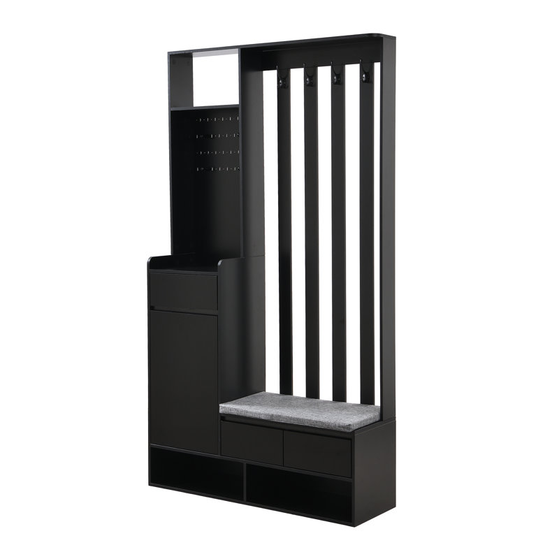 Contemporary Hall Tree With Cushioned Shoe Storage Bench, Pegboard & 4 Hooks, Black