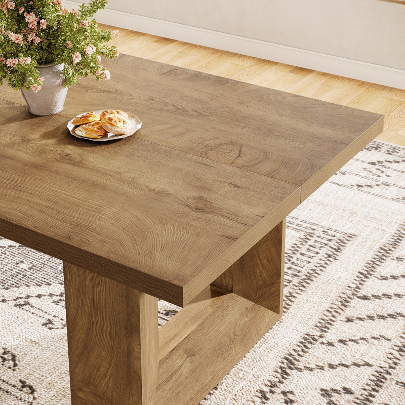Table de salle à manger pour 8 personnes, table de cuisine rectangulaire brune de 63 pouces avec cadre géométrique solide, grande table de salle à manger industrielle pour famille