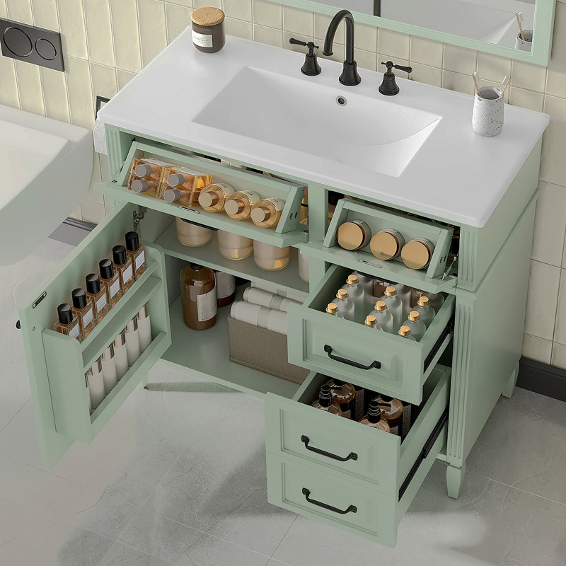 36-Inch Bathroom Vanity With Ceramic Sink Top, Solid Wood Frame And MDF Cabinet, Flip Drawer Design With Adjustable Shelf And Metal Handles, Freestanding Bathroom Storage Cabinet (Faucet Not Included)