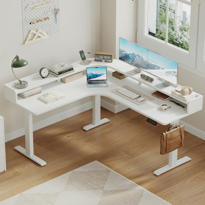 Bureau debout à hauteur réglable en L 62,9 pouces avec tablette pour moniteur, bureau à domicile en coin avec rangement pour postes de travail, blanc