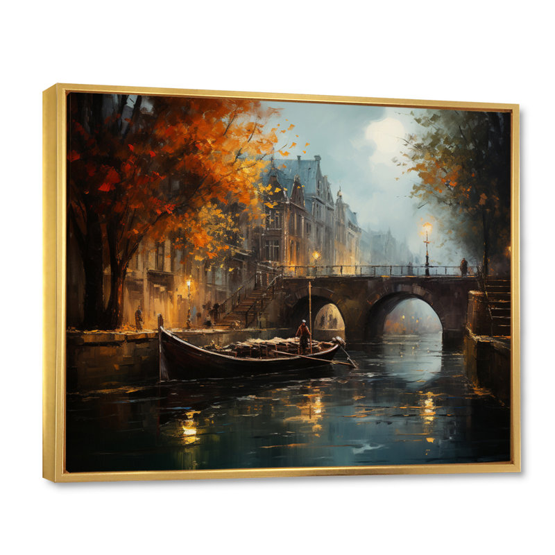 Beige canal atmosphère - imprimé, H 12 po x l 20 po x P 1 po, Cadre flottant doré