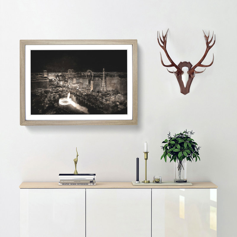 Las Vegas Skyline at Night - Picture Frame Painting Print, 33cm H x 45cm W x 2cm D, Oak Framed
