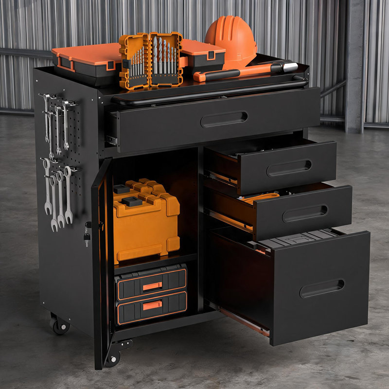 Armoire de rangement mobile à outils en acier, adaptée à la maison, au garage et à l'atelier. Quatre tiroirs avec compartiments verrouillables, rangement de grande capacité.