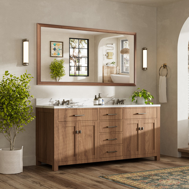 Miroirs de salle de bain modernes et contemporains en métal biseauté rectangulaire / carré avec verre trempé HD, Bois brun