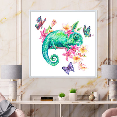 Caméléon vert avec papillons et fleurs I - peinture sur toile