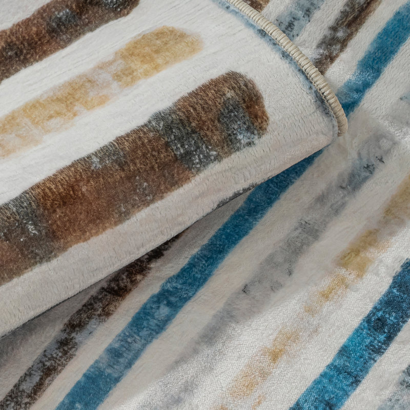 Non-Slip Machine Washable Colorful Modern Striped Area Rug in Blue/Brown/Yellow/Cream for Living Room, Bedroom, Hallway Runner Indoor Rugs
