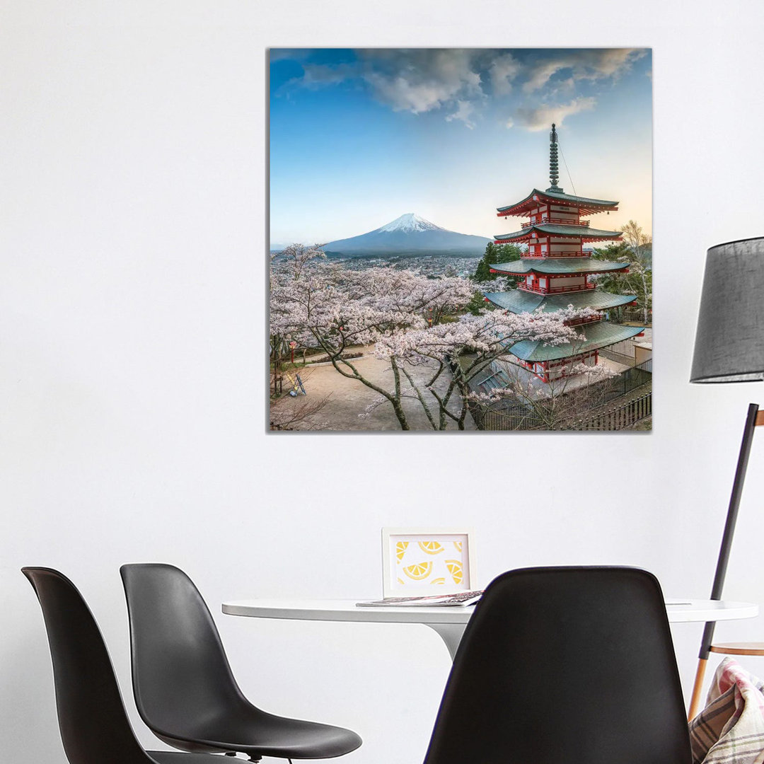 Chureito Pagoda And Mount Fuji During Cherry Blossom Season, Fujiyoshida, Japan by Jan Becke - Wrapped Canvas Print