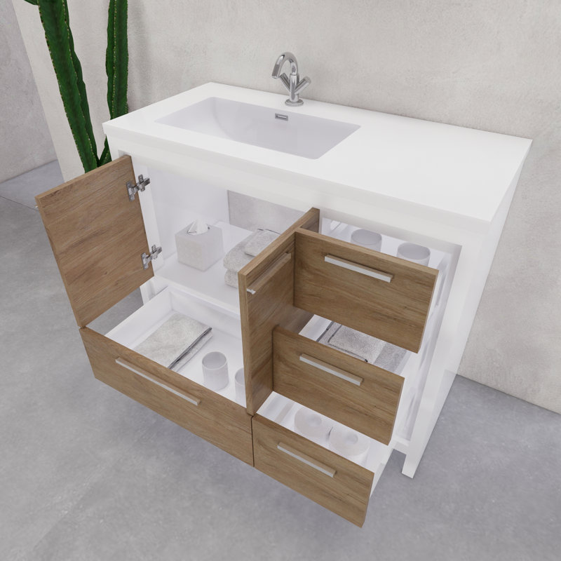 Mihrtad Eden 42" Left Single Sink Bathroom Vanity Set, Gloss White/Teak