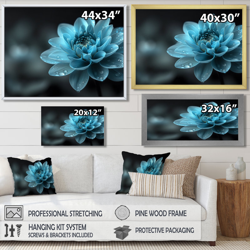 Monochromes bleu, noir, dahlia beauté - Dahlia, art mural, Cadre flottant brun, H 24 po x l 32 po