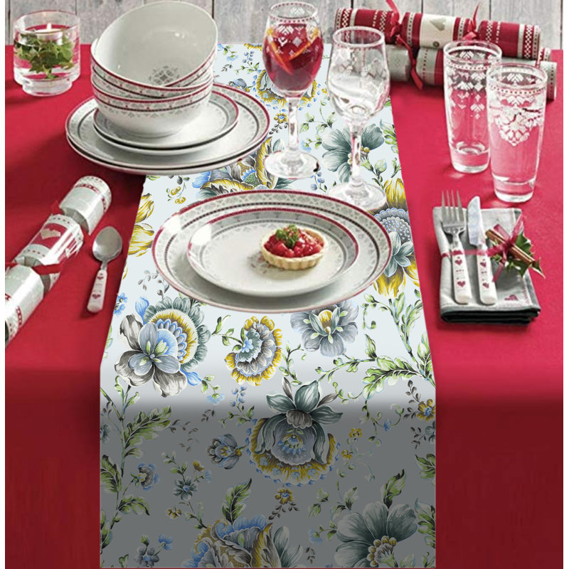 Delyth Handmade Floral Table Runner Jaco Blue Polyester Dining Table Runner for Luxurious Table Decor