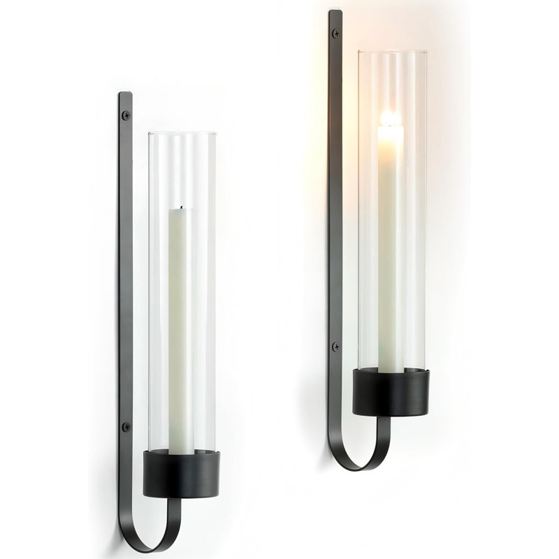 Wall Candle Holders: Metal Candle Sconces For Taper Set Of 2 Modern Wall Mounted Candlestick Holder With Hurricane Glass For Living Dining Room Bedroom Bathroom Outdoor