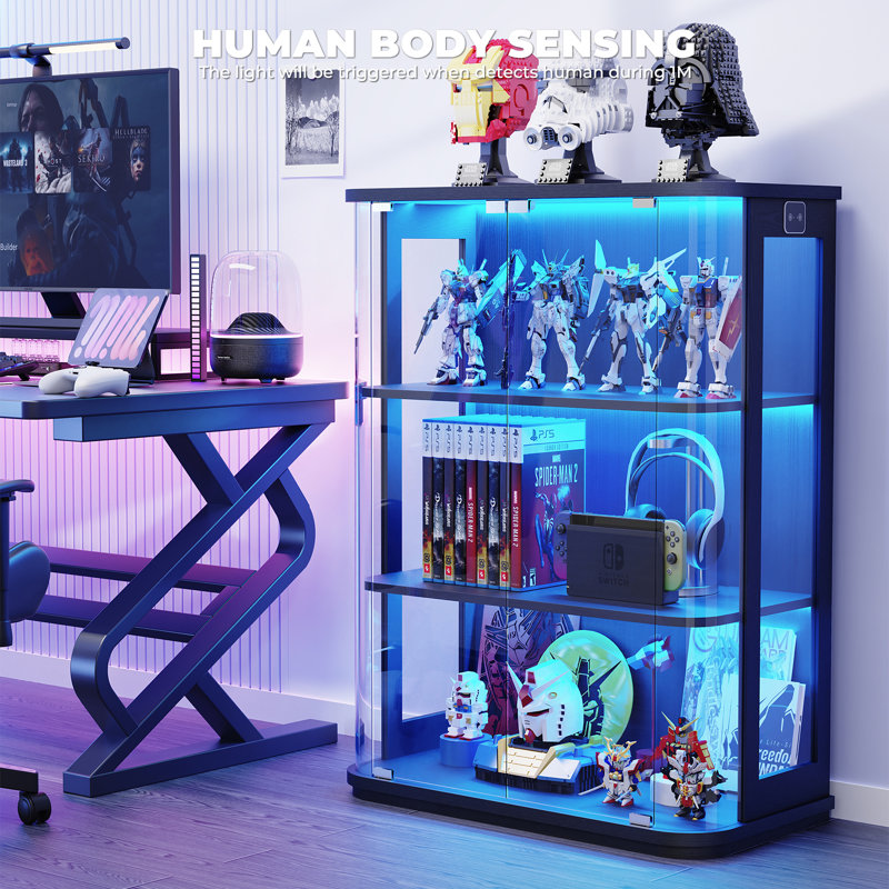 Rounded Display Cabinet With Glass Door, 3-tier Curio Cabinet With 3 Color Lights For Collectibles, Human Body Sensor, Black