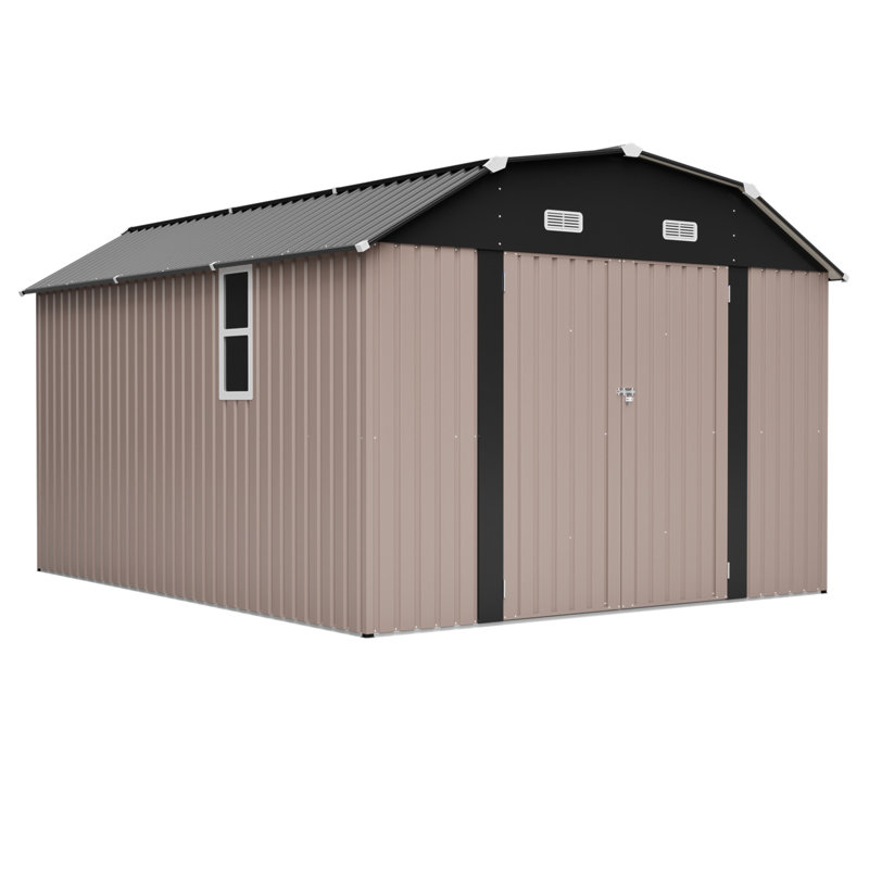 10X12 FT Gray Outdoor Storage Shed, Heavy Duty Rust-Resistant Steel Tool Shed With Floor Frame Kit, Gray