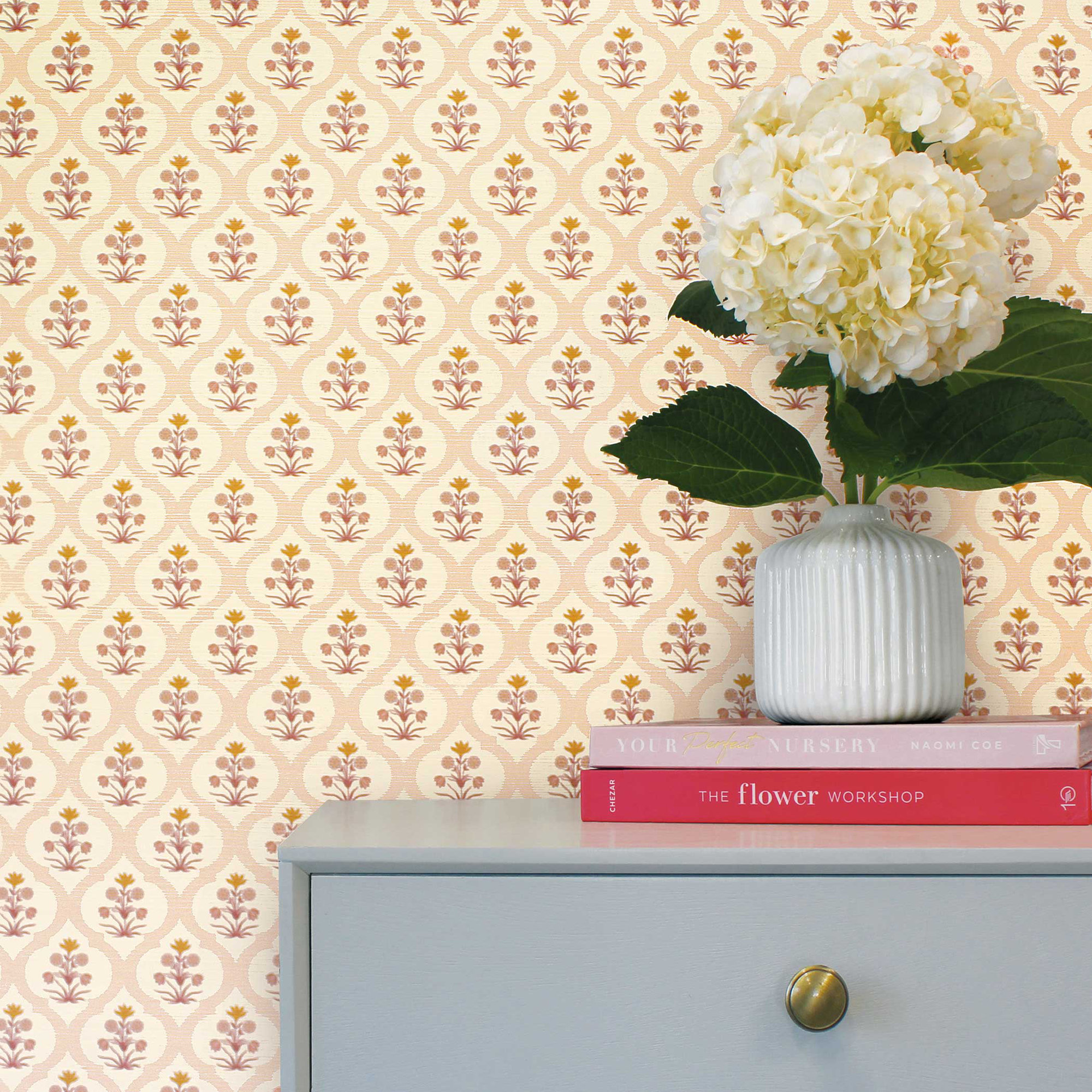 Ogee Garden Printed Authentic Grasscloth Wallpaper, Beige