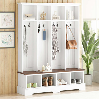 Arbre d'entrée rustique de style campagnard avec 8 crochets, banc d'entrée et compartiments ouverts, porte-manteau et porte-chaussures moderne en bois 3 en 1 76,7H