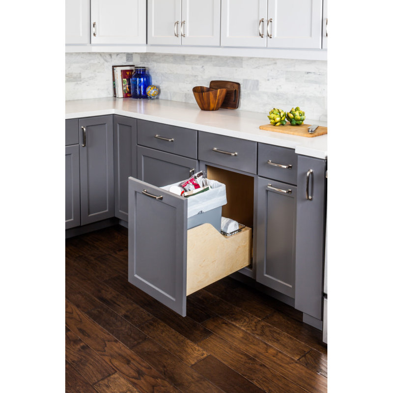 Solid Wood Open Pull Out Trash Can, Gray, 12.5