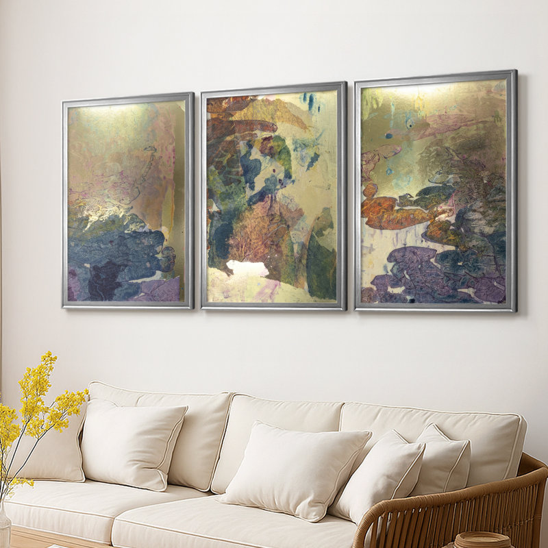 «Monet's Landscape I - Toile tendue avec châssis sur mesure - 3 pièces, Argent argent, H 21 po x l 30 po