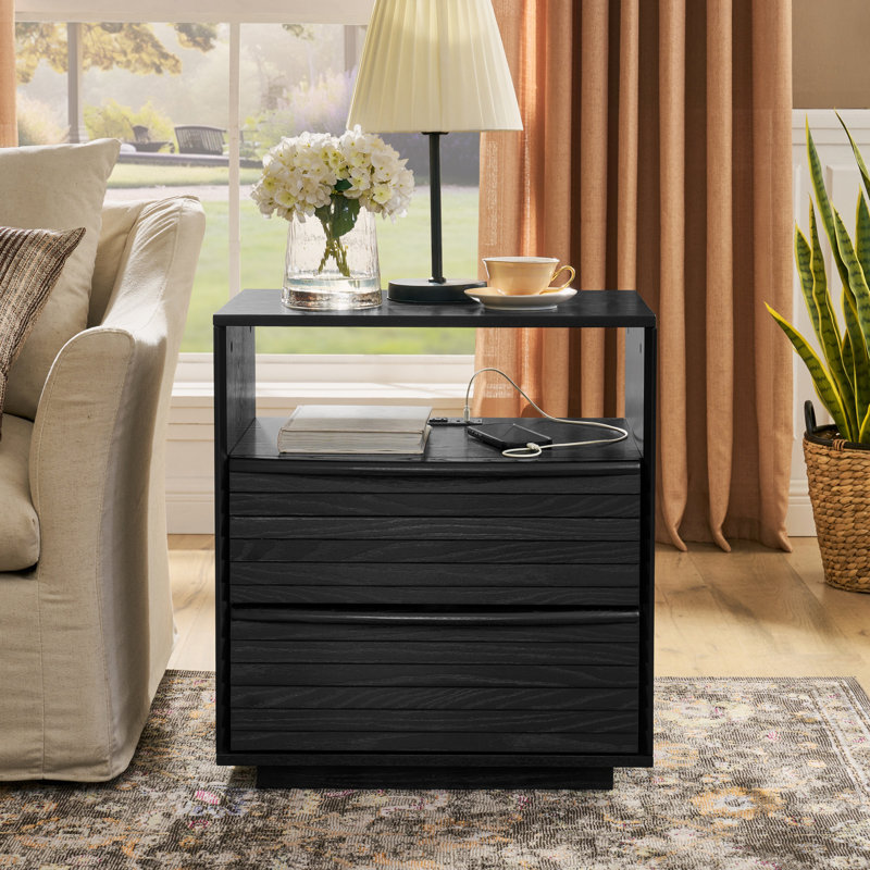 Mid Century Modern Nightstand With Charging Station For Bedroom, Black