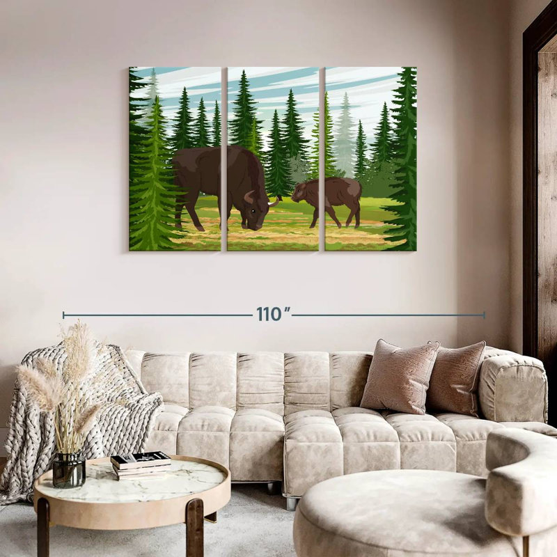 Brampt broutant bison et veau, H 48 po x l 74 po