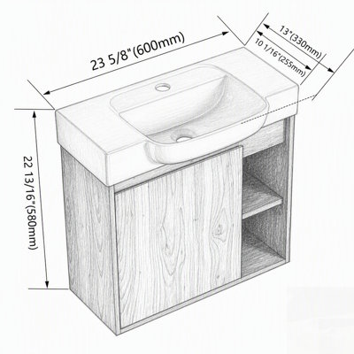 Meuble-lavabo mural avec lavabo en céramique blanche, porte à fermeture douce et grand espace de rangement