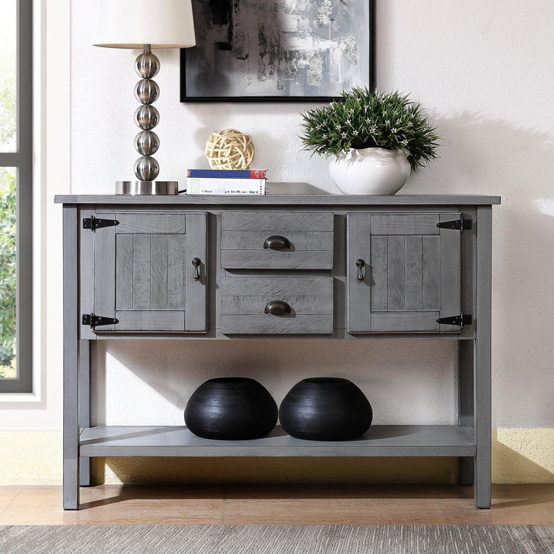 Console 48 po gris antique en bois massif avec tablette inférieure et tiroirs, pour la cuisine et la salle à manger