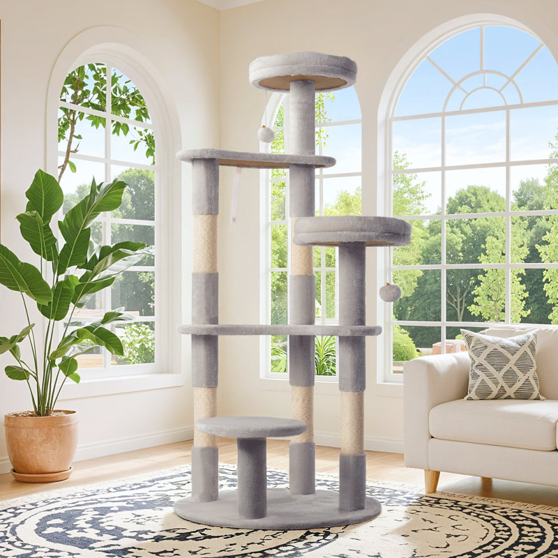 Arbre à chat de 55,5 po, grande tour à chat avec perchoirs moelleux, poteaux à griffer et jouets suspendus pour chats d'intérieur, conception stable à plusieurs niveaux