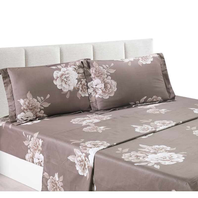 Ensemble de draps 100% coton Marrisa Brown Floral avec taie d'oreiller simple TG